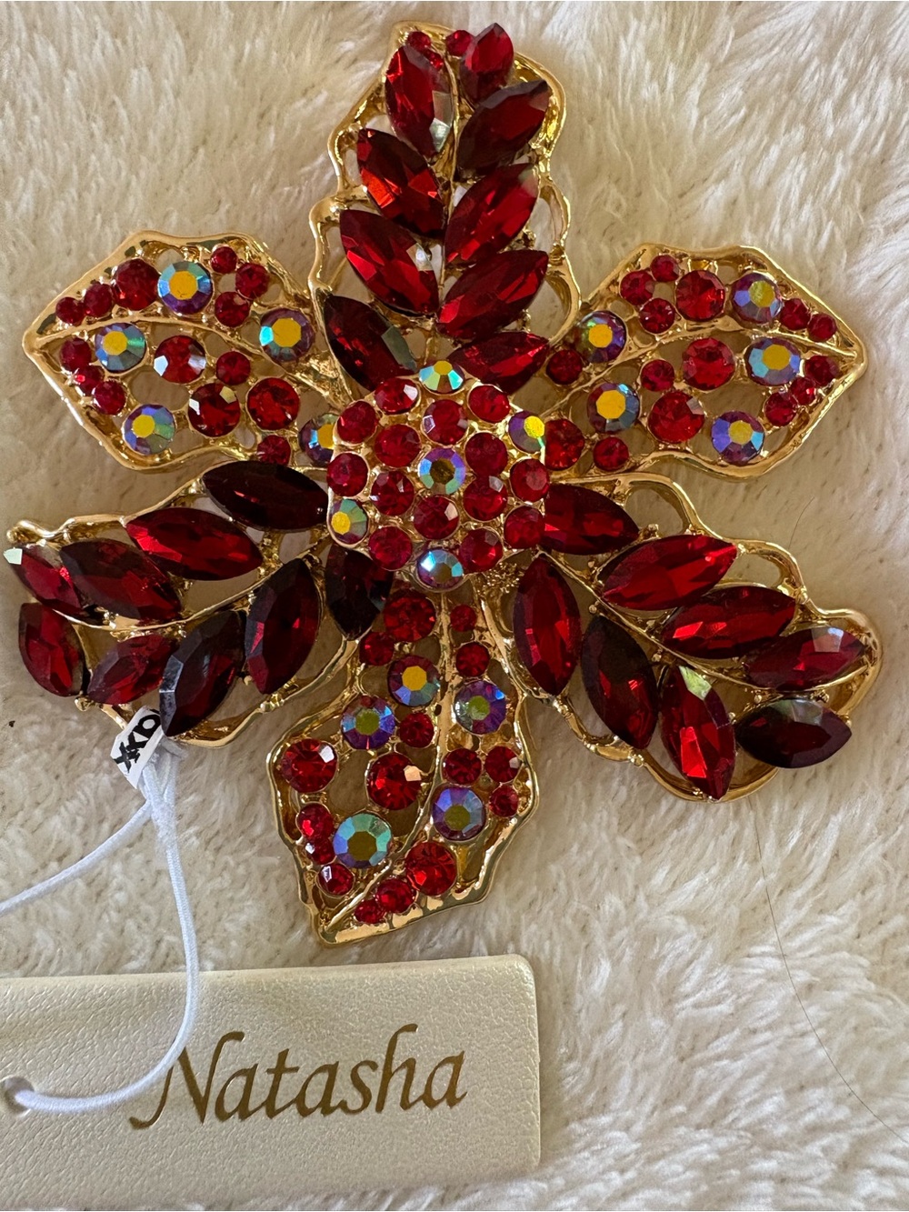 Large Natasha Couture Gold-Tone Red Crystal Floral Hair Brooch